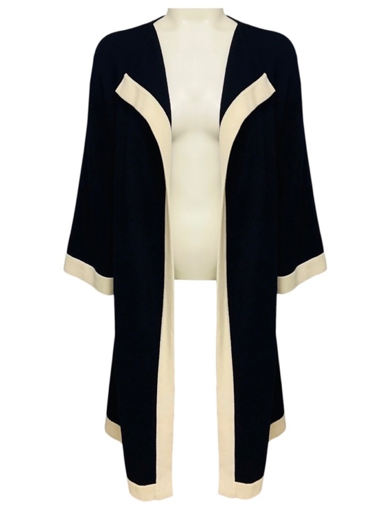 CHANEL Sweaters - CHANEL NAVY / WHITE 2016 CASHMERE KNIT LONG CARDIGAN SWEATER WITH SILVER CC LOGO